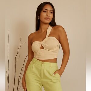 NWT Small Summer Trendy Backless Mini Short Tank Top Crop Top APRICOT BEIGE